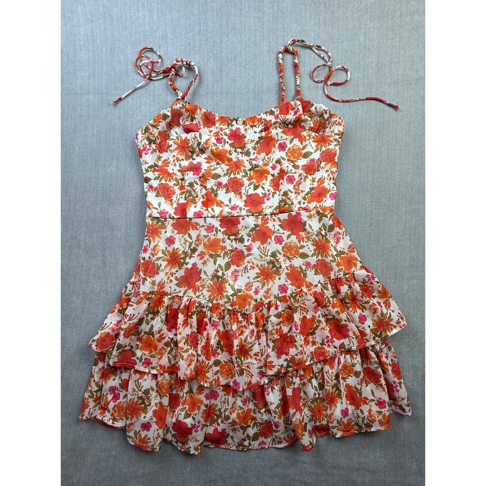 Crystal Doll Floral Ruffle Mini Dress Orange‎ Pink Sun Dress EFX20702DG Large